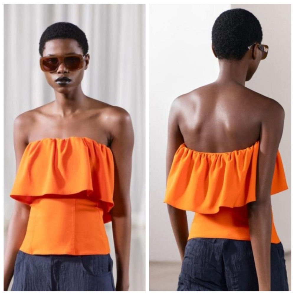 Zara Orange Off-Shoulder Ruffle Top Strapless Blouse Medium NWT
